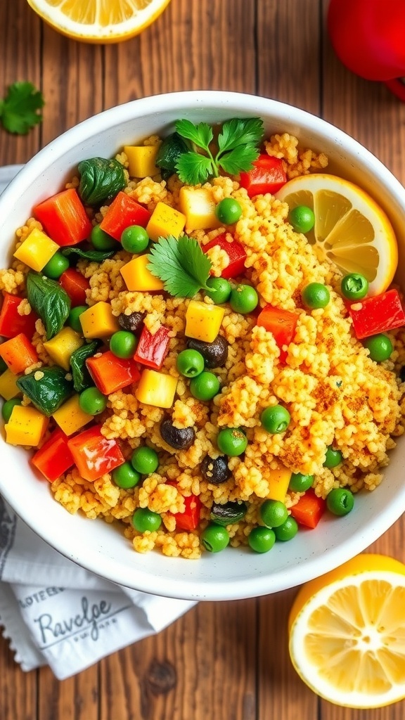 A colorful quinoa bowl with bell peppers, spinach, peas, garnished with cilantro and lemon wedges.